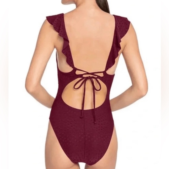 NWT Robin Piccone Julianna SZ 8 Solid Red Ruffled One-Piece Swimsuit - Picture 2 of 12